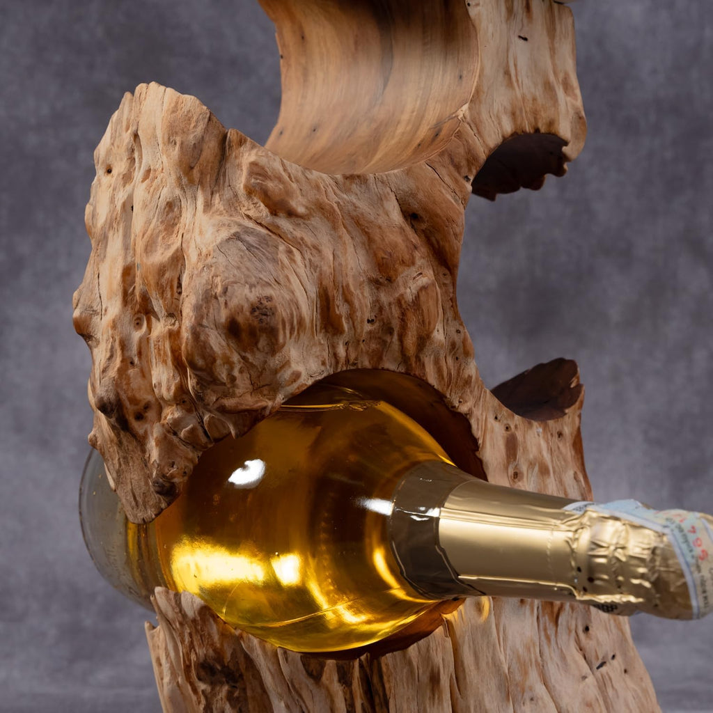 Solid Natural Vitex Pubescens Vahl Wood Wine Rack with Anti-Slip Pads â Rustic Single-Piece Freestanding Countertop Wine Holder â Securely Holds 5 Bottles Without Sliding â 20" x 9" x 7"