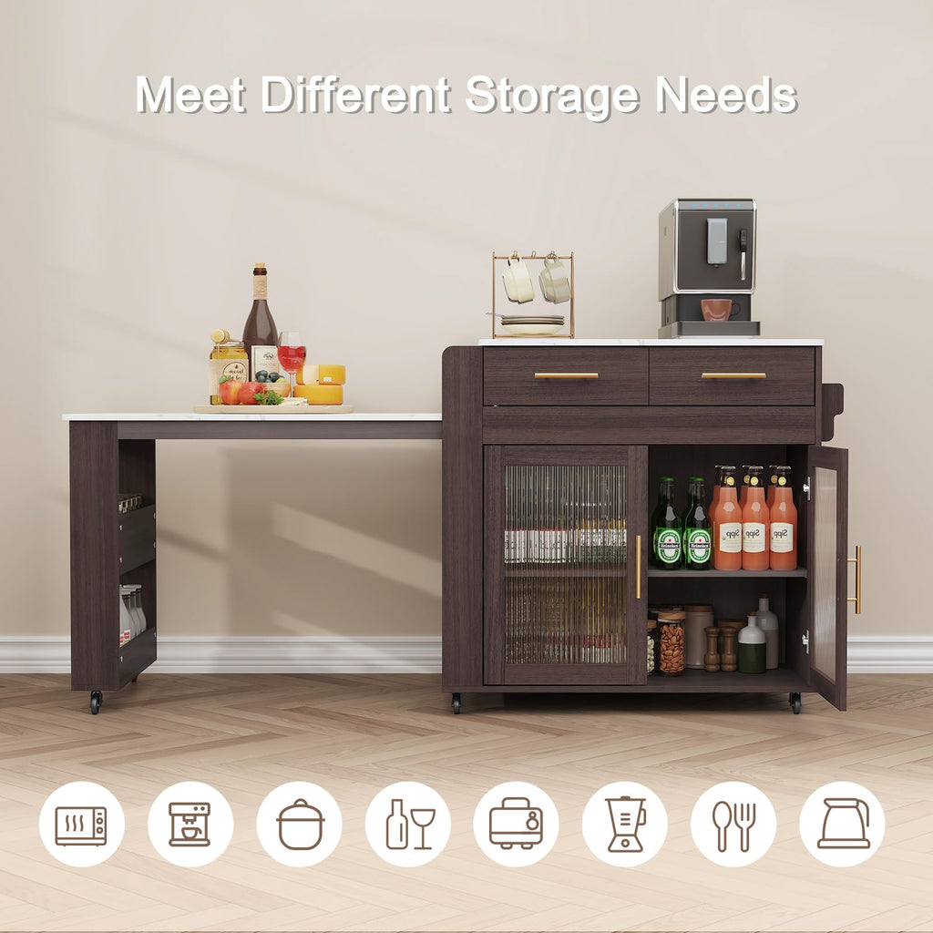 HLR 72" Extendable Rolling Kitchen Island with Storage, Island Table on Wheels with Marble Grain Countertop & Power Outlet, Portable Island Cart with Cabinets, Drawers and Shelves, Wood