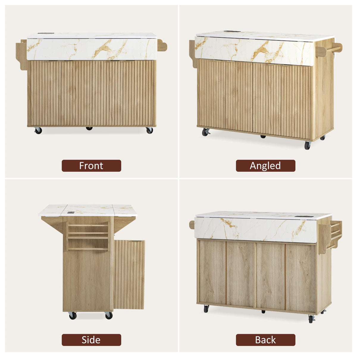 Large Fluted Kitchen Island Cart on Wheels with Storage, Natural