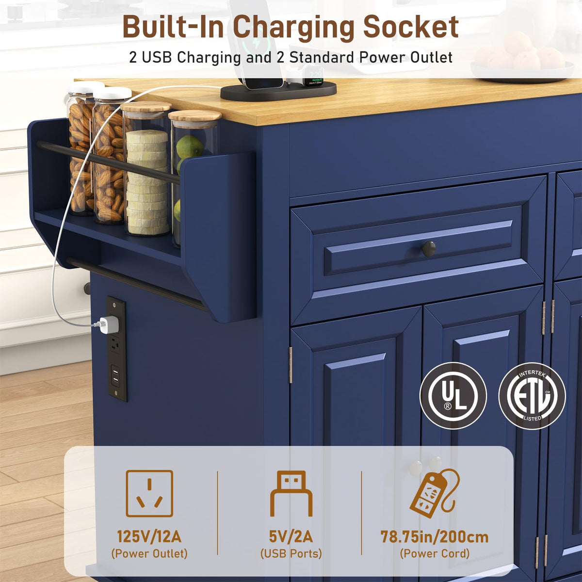 80"-48" Extendable Kitchen Island with Extended Dining Table and Power Outlet,Large Mobile Kitchen Storage Islands with 2 Storage Drawers,Rolling Islands Cart with 3 Extra Rows Open Shelves(Brown)