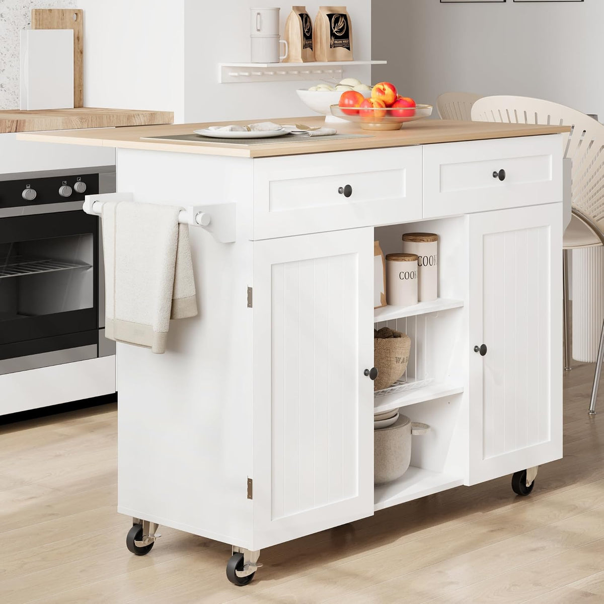 Furnify Kitchen Island with Wheels & Drawers, Kitchen Island Cart, White