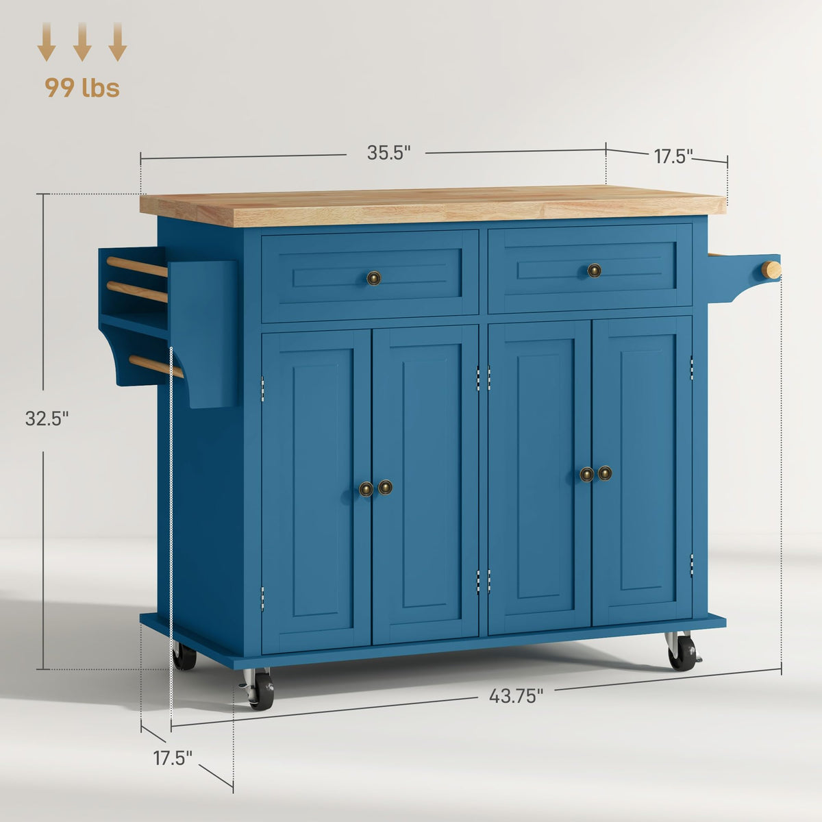 HOMCOM Kitchen Island Cart on Wheels with Solid Wood Top, 44" Cream White