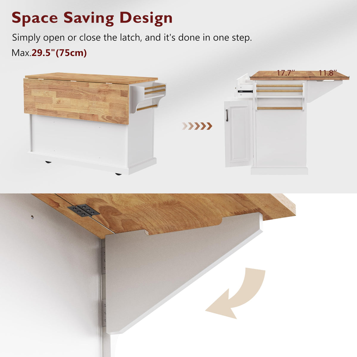 Large Kitchen Island with Rubber Wood Drop Leaf and Silver Handle