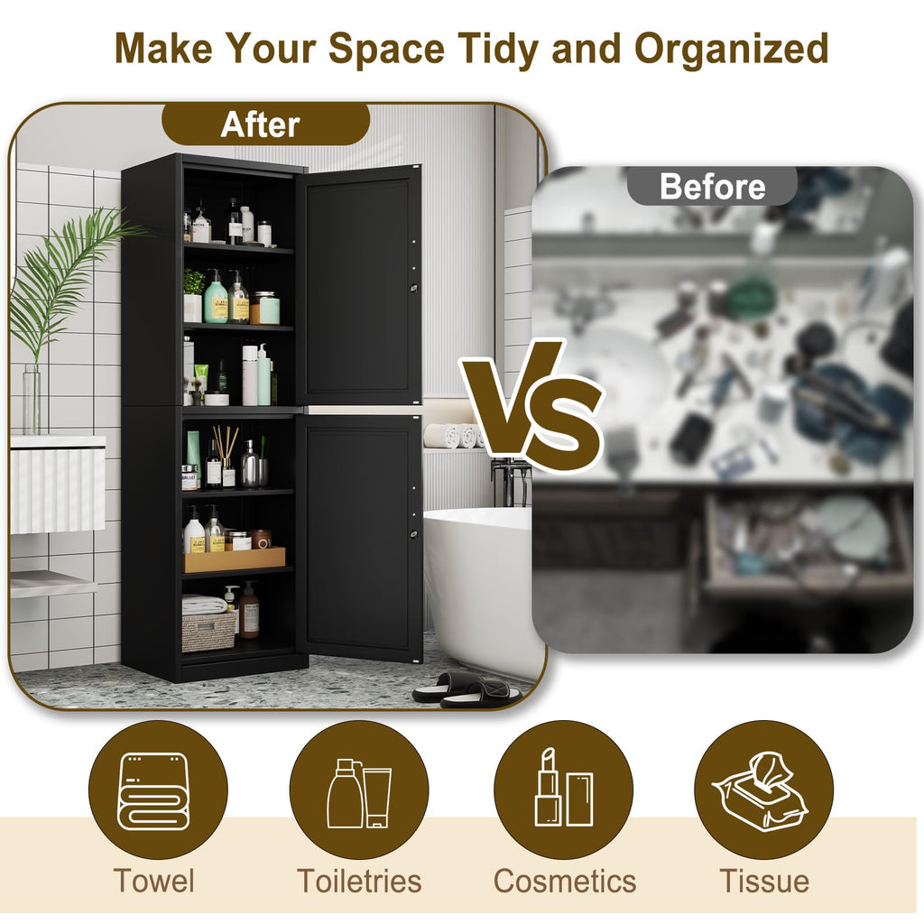 67" Tall Metal Pantry Cabinet, Narrow Freestanding Storage Cabinet, Black
