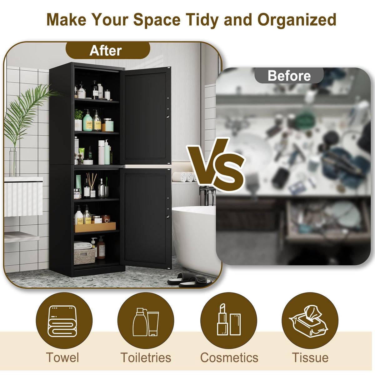 67" Tall Metal Pantry Cabinet, Narrow Freestanding Storage Cabinet, Black