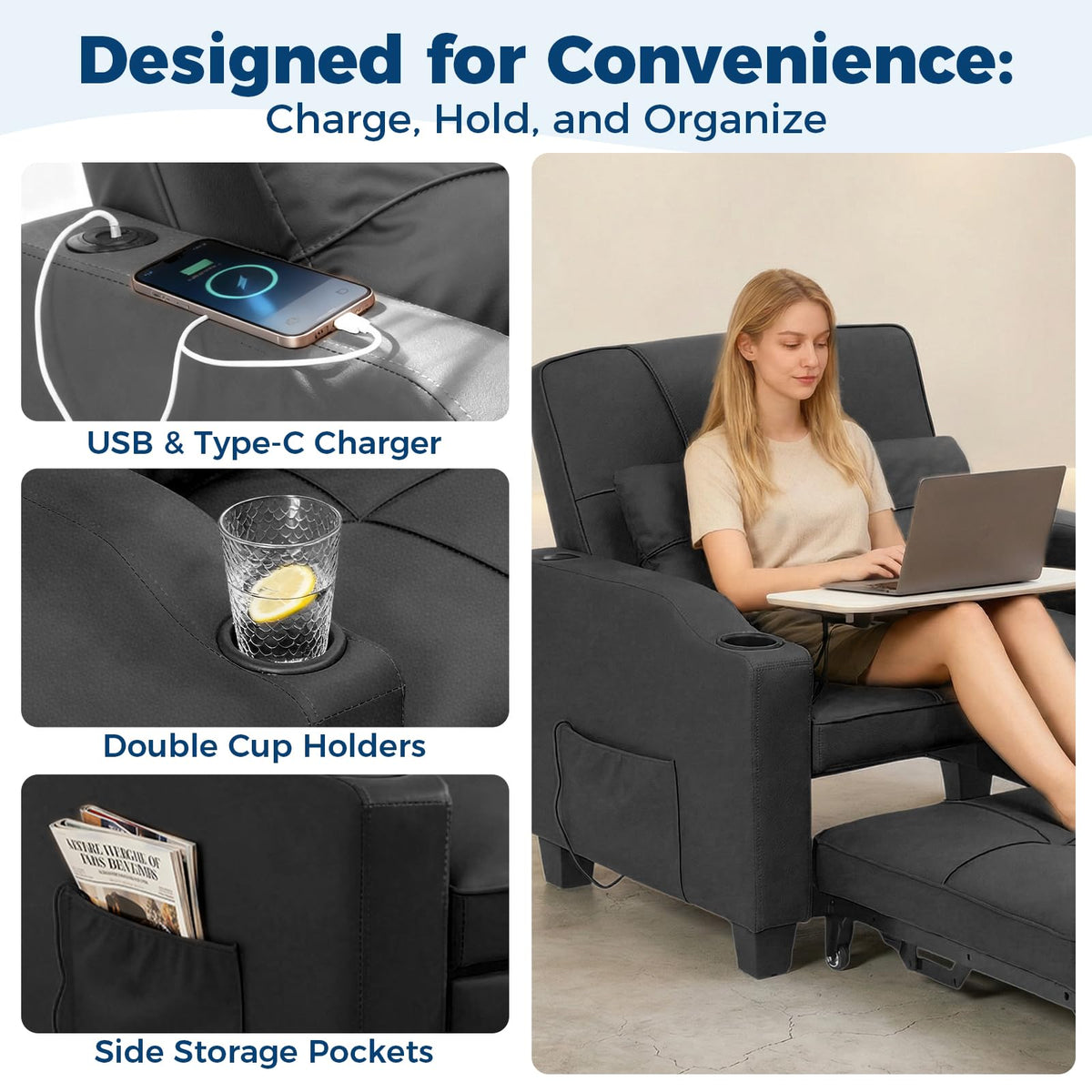 Sleeper Chair Pull Out Bed, 4 in 1 Convertible Sofa Chair Bed with Vibration Massage Lumbar Pillow, Single Sofa Recliner with USB/Type-C Port, Cup Holders and Side Pocket for Small Spaces (Black)
