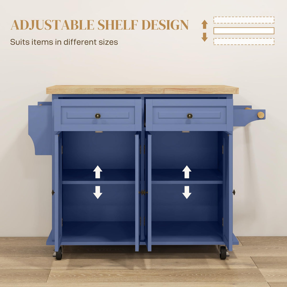 HOMCOM Kitchen Island Cart on Wheels with Solid Wood Top, 44" Cream White