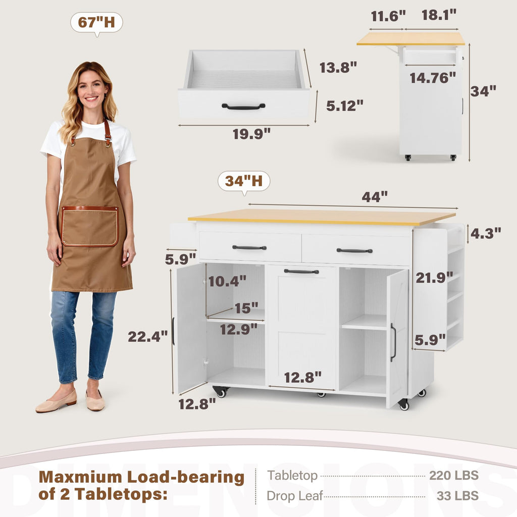 YESHOMY Kitchen Island on Wheels with Trash Cabinet, White & Brown