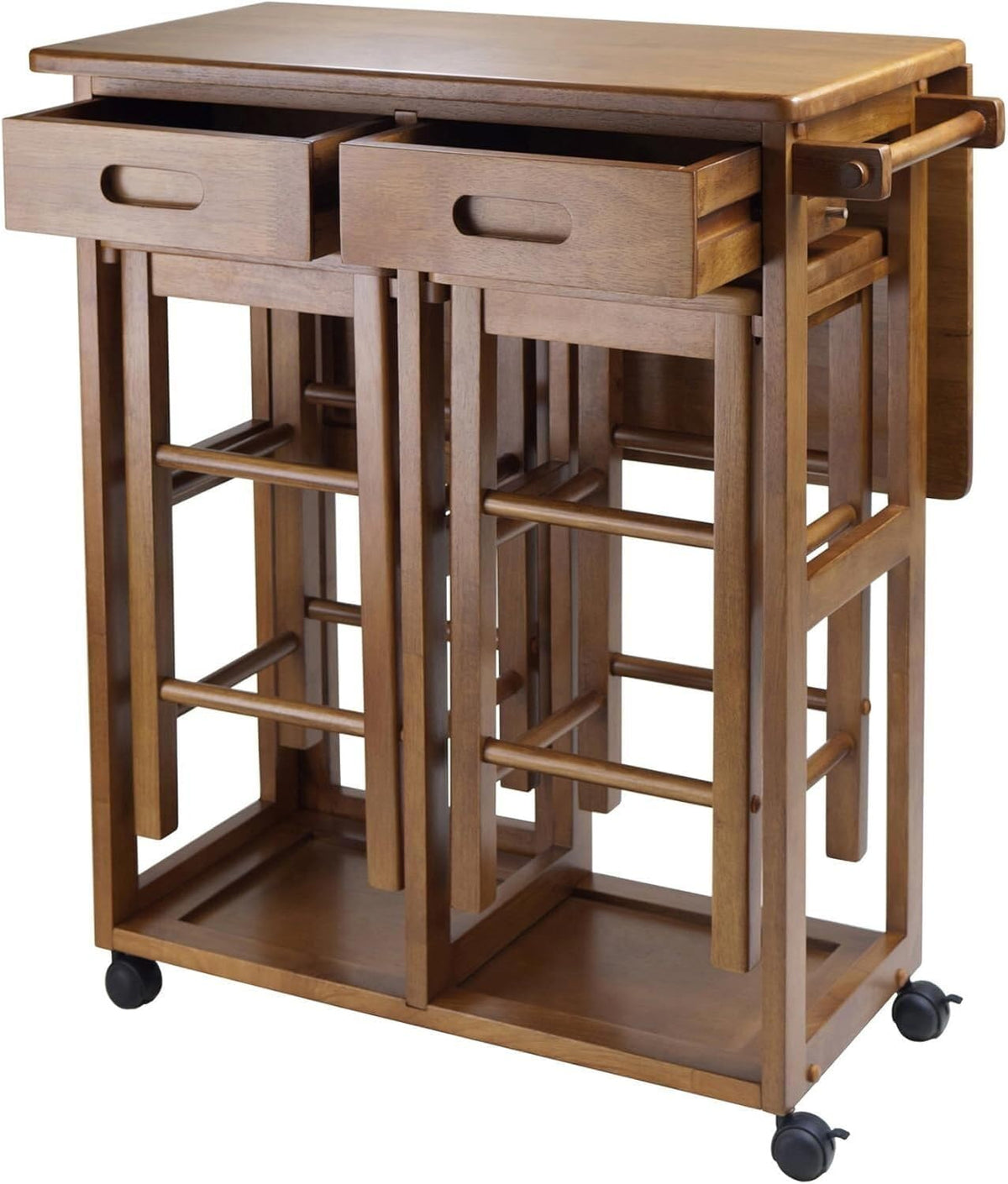 HomeStock Rolling Kitchen Cart with 2 Stools - Drop Leaf Table for Small Spaces