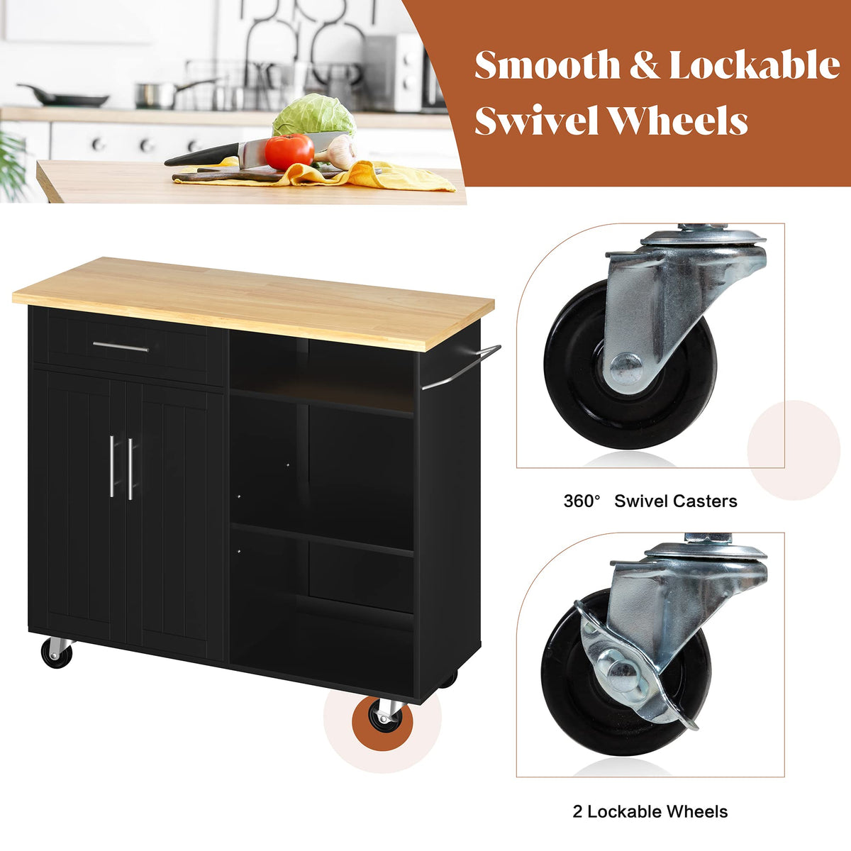 SUNLEI Kitchen Island Cart on Wheels with Storage Cabinet & Drawer, 26" Width Rolling Kitchen Table, Cart Handle for Towel Rack or Free Mobility, Kitchen Cart, Dining Room(Black)