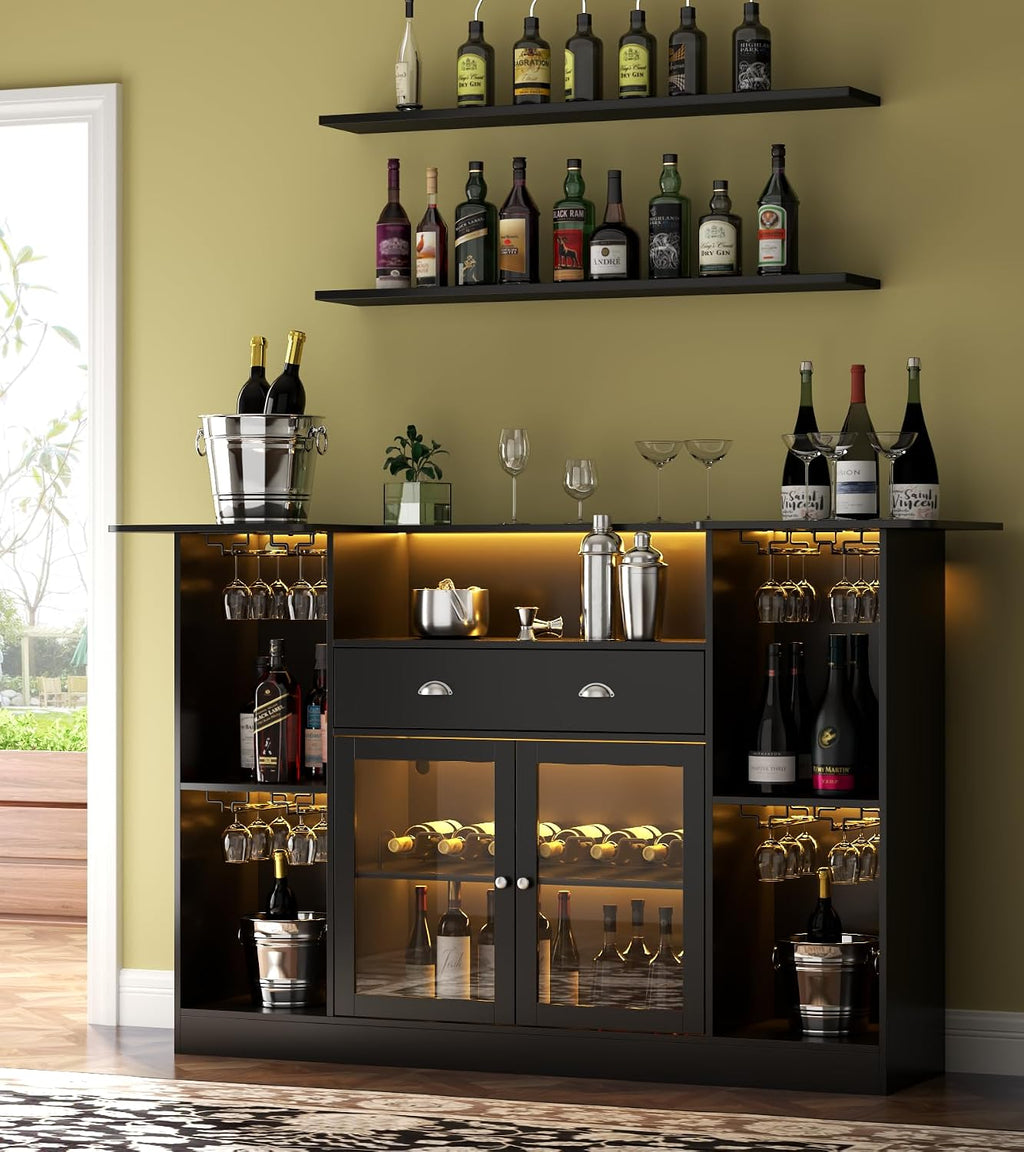 63" LED Bar Cabinet with Drawer, 8-Tier Storage & Glass Holders for Home