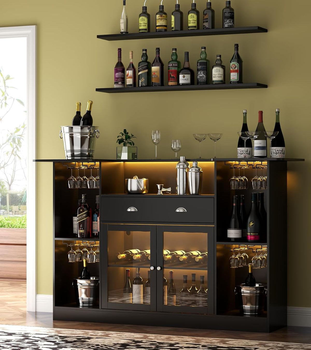 63" LED Bar Cabinet with Drawer, 8-Tier Storage & Glass Holders for Home