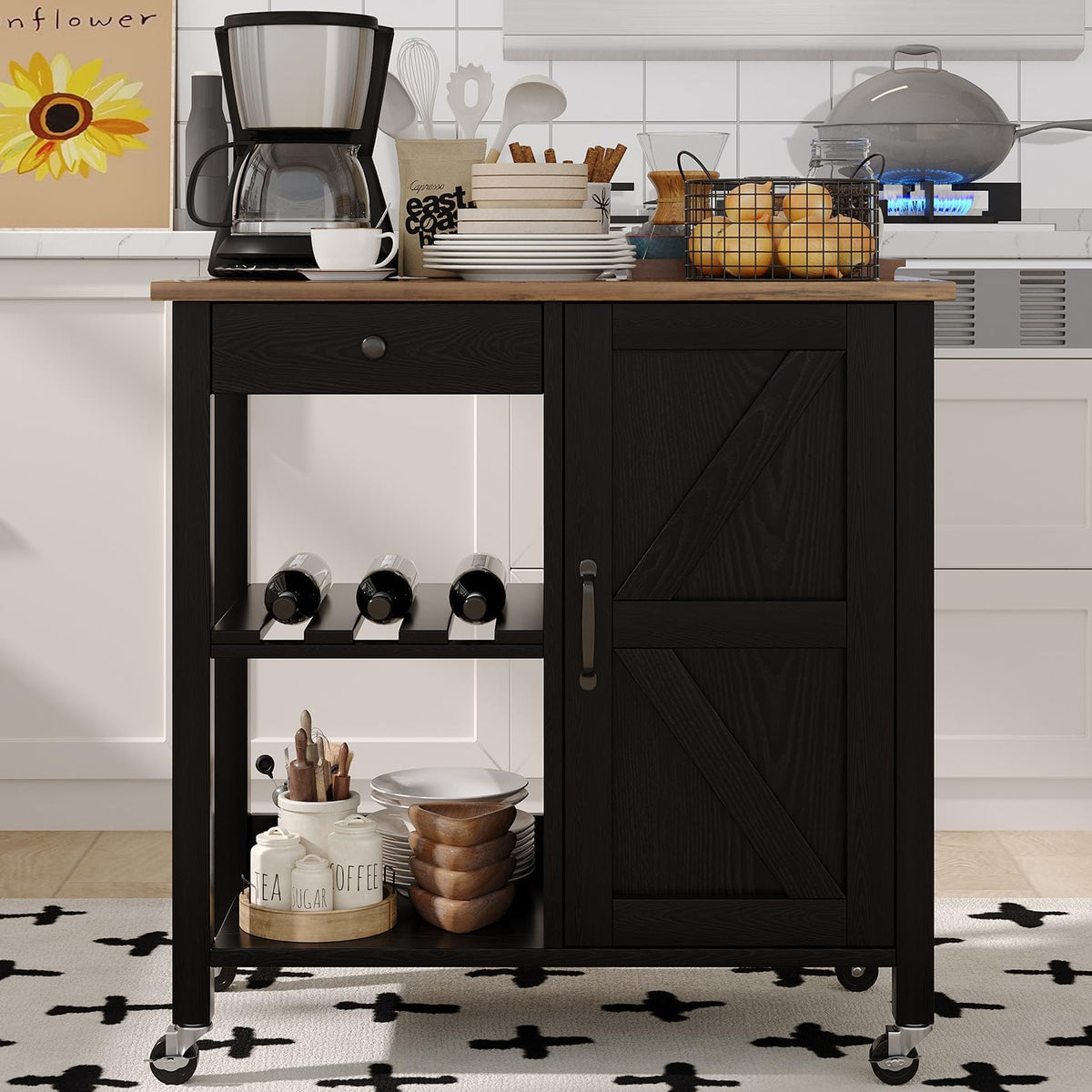 Small Kitchen Island Cart on Wheels with 31.4'' Wood Tabletop, White