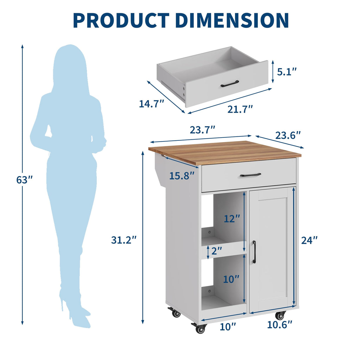 OUTLANE Kitchen Island with Drop Leaf, Rolling Storage Cart on Wheels