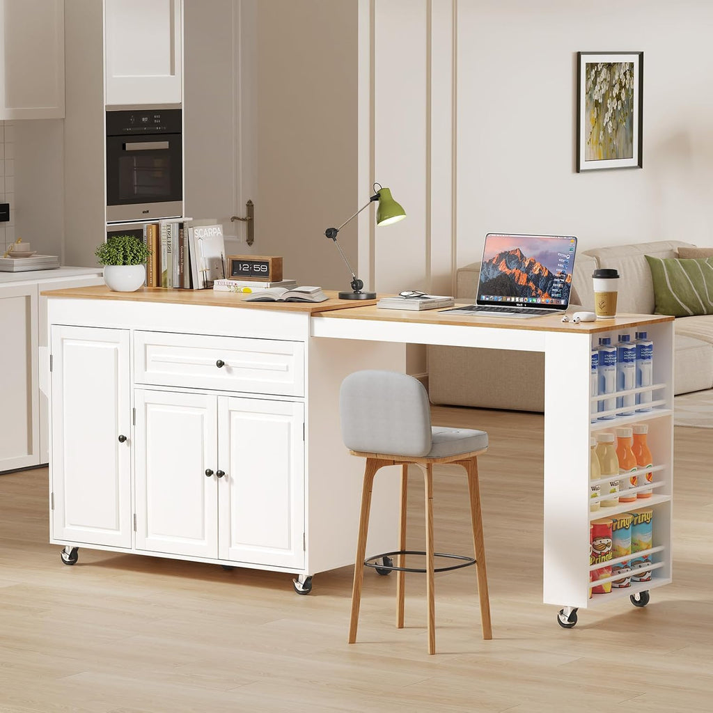 Expandable Kitchen Island with Storage Drawer and Wheels, White