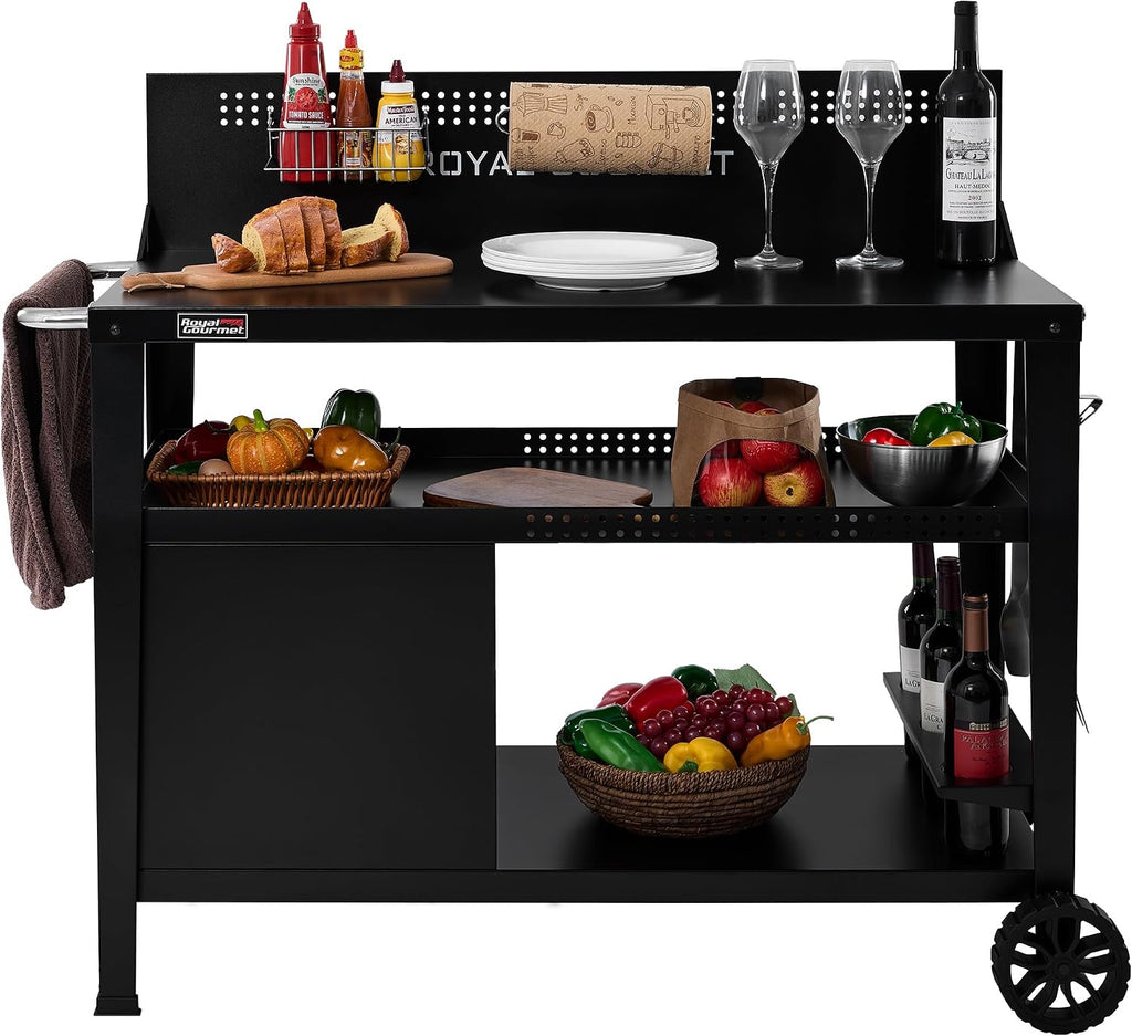 Royal Gourmet PC4401B 3-Tier Dining Cart with Wind Guard, Black