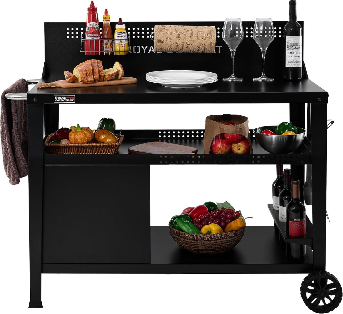 Royal Gourmet PC4401B 3-Tier Dining Cart with Wind Guard, Black