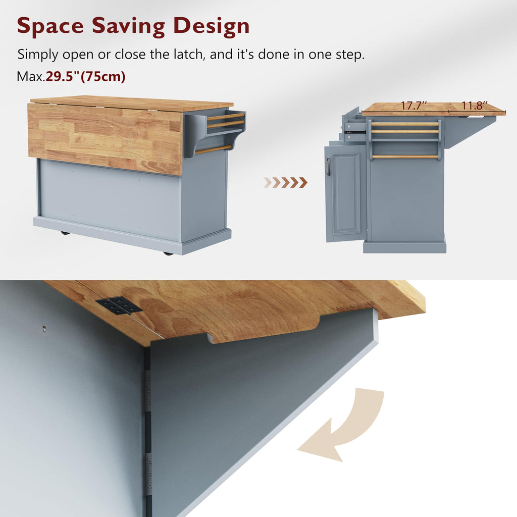 Large Kitchen Island with Rubber Wood Drop Leaf and Silver Handle