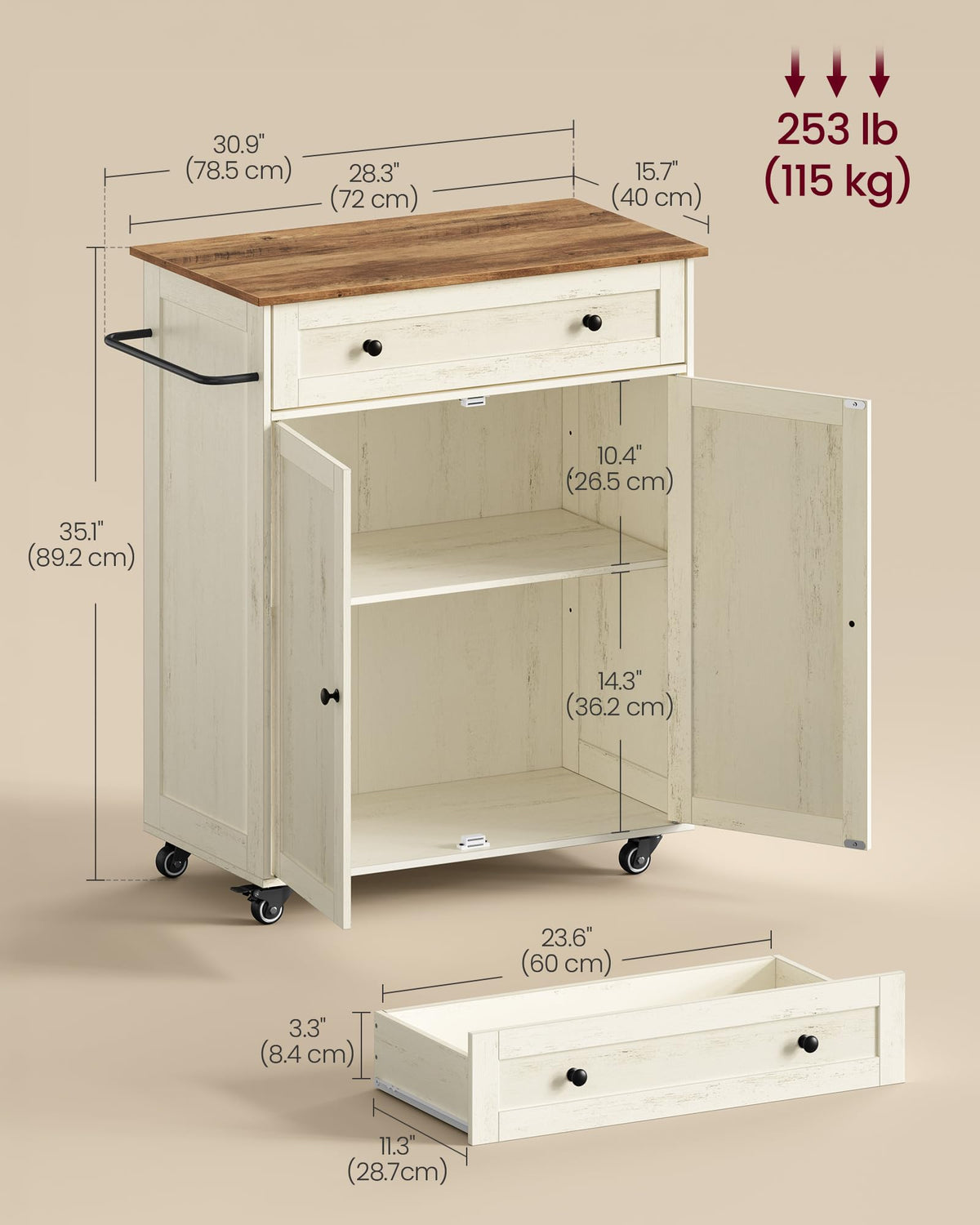 VASAGLE Mobile Kitchen Wooden Island Cart with Storage for Dining Room