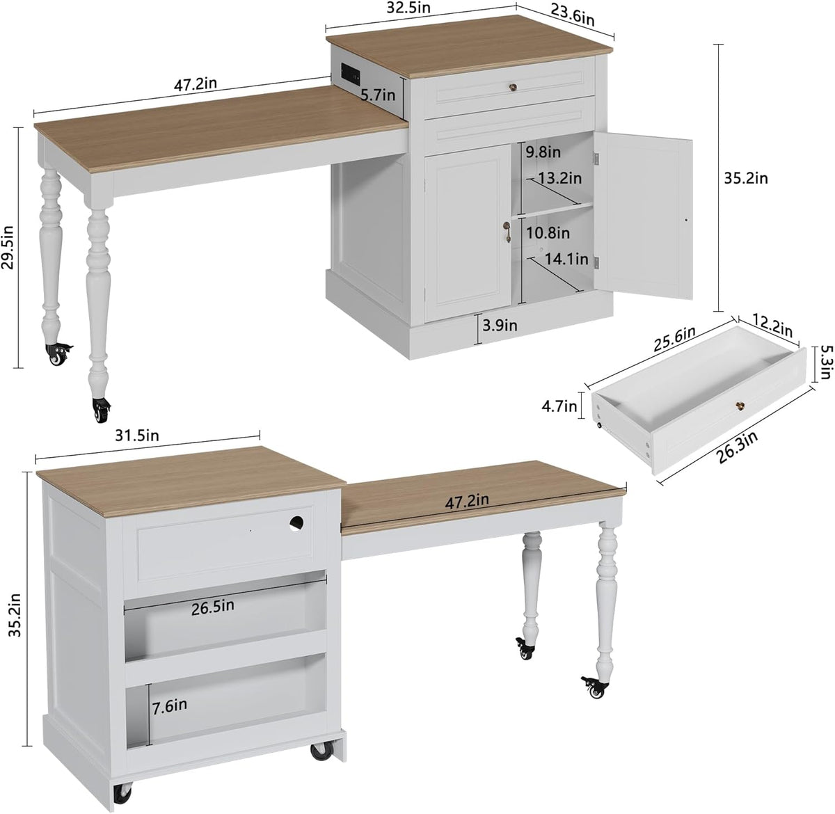 HLR 72" Kitchen Island with Extendable Table for 2-4, Island Table for Kitchen with Power Outlet and Storage Slide Out Legs, Rolling Islands Cart with 2 Doors (White)