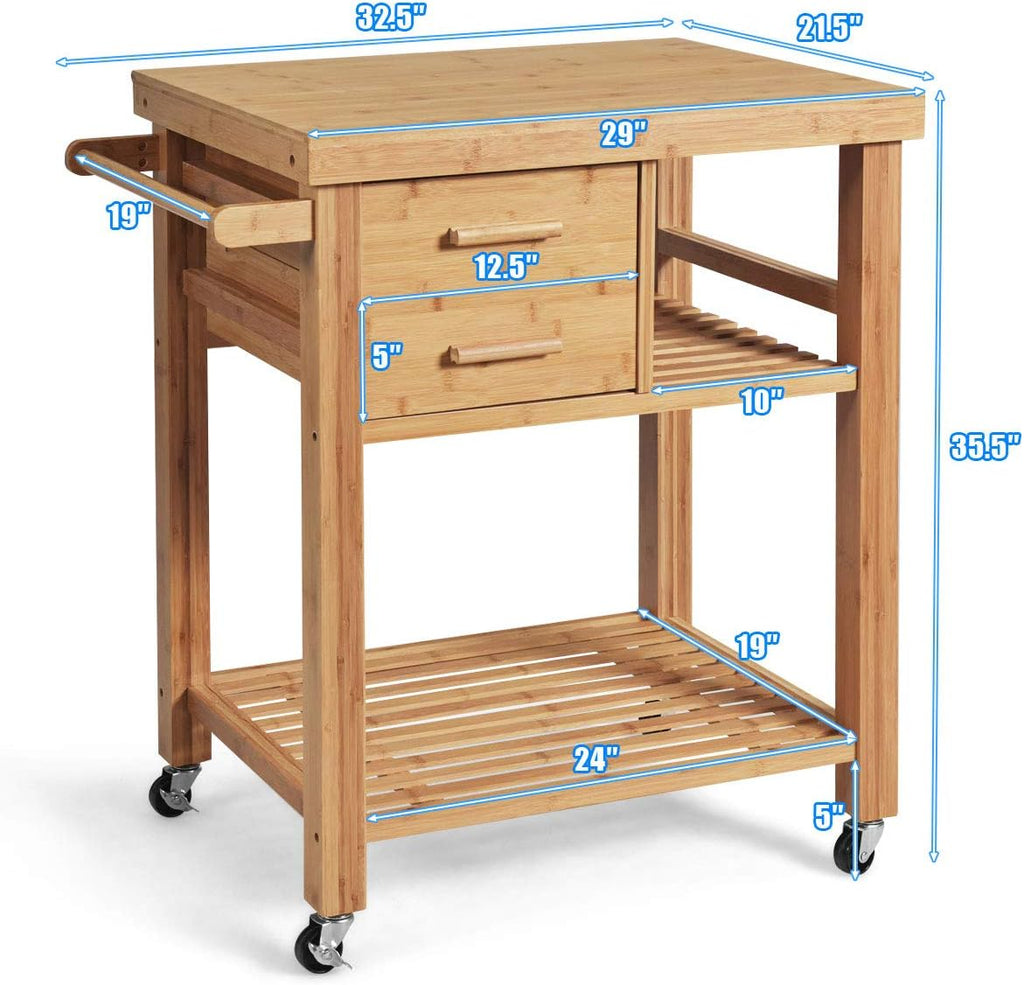 GIANTEX Kitchen Island, Bamboo Island Cart, Kitchen Trolley Cart on Wheels, Rolling Kitchen Cart, 2 Drawers, Towel Rack, Casters with Lock (Natural)