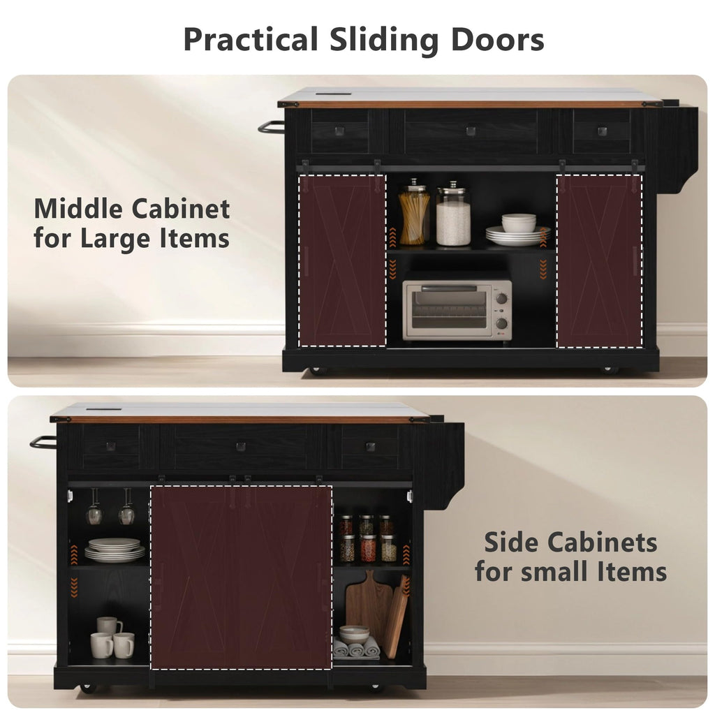 53" Large Kitchen Island with Drop Leaf & Power Outlet, Rolling Kitchen Cart on 5 Wheels with Internal Door Storage Rack, 5 Open Side Racks, 3 Drawers, 2 Doors for Kitchen Dining Room