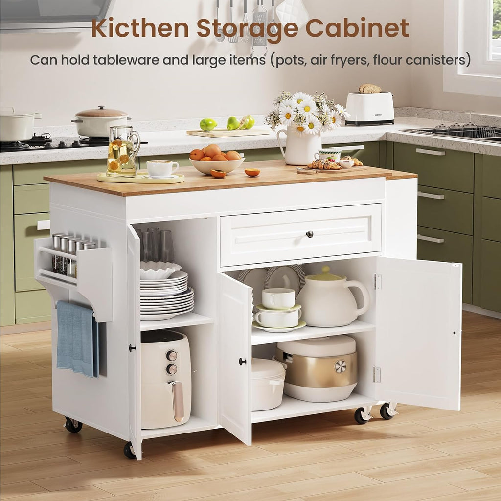 Expandable Kitchen Island with Storage Drawer and Wheels, White