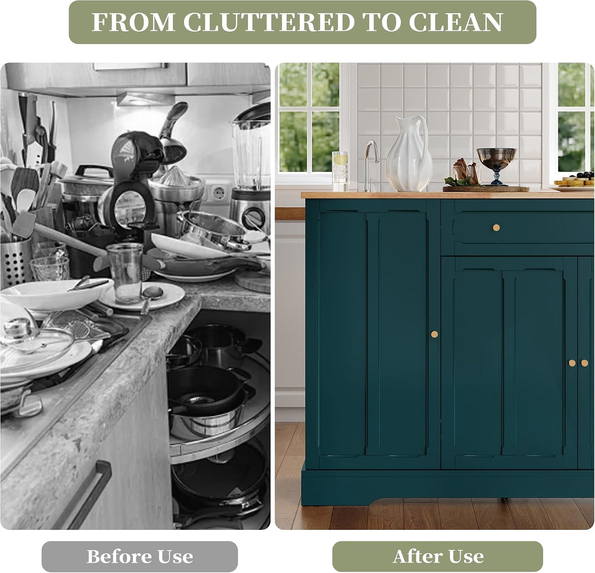 HLR Kitchen Island with Drop Leaf & Storage, Solid Rubber Wood Top Rolling Kitchen Cart with Carved Recessed Panel Doors, Large Mobile Island Table on Wheels for Kitchen, Dining Room (Green)