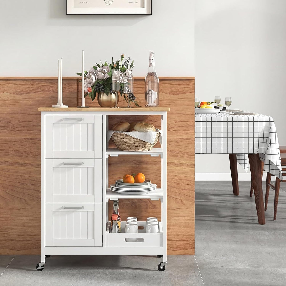 GIANTEX Kitchen Island Cart on Wheels, Rolling Utility Cart w/Rubber Wood Top, 3 Storage Drawers & 2 Removable Shelves & Removable Tray, Lockable Casters, Serving Cart for Dining Room, Bar, White