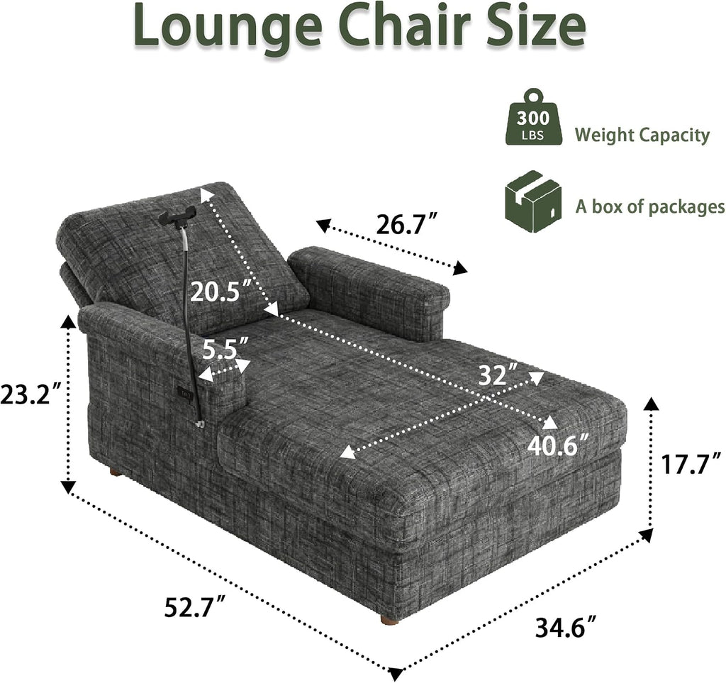 EJUNQ 66.5" Oversized Chaise Lounge Chair Indoorï¼Cozy Sofa Bed with Phone Holder and USB Chargerï¼Upholstered Deep Seat Sleeper Sofa Bedï¼Comfy Single Sofa Armchair for Living Room, Grey
