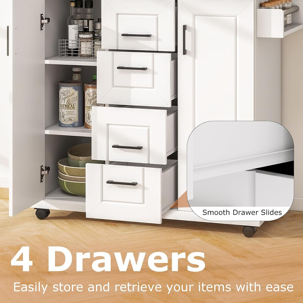 GOFLAME Kitchen Island Cart on Wheels, Rolling Kitchen Cart with Storage Cabinets, 4 Drawers, Towel Rack and Spice Rack, Mobile Serving Trolley Cart for Kitchen, Dining Room, White