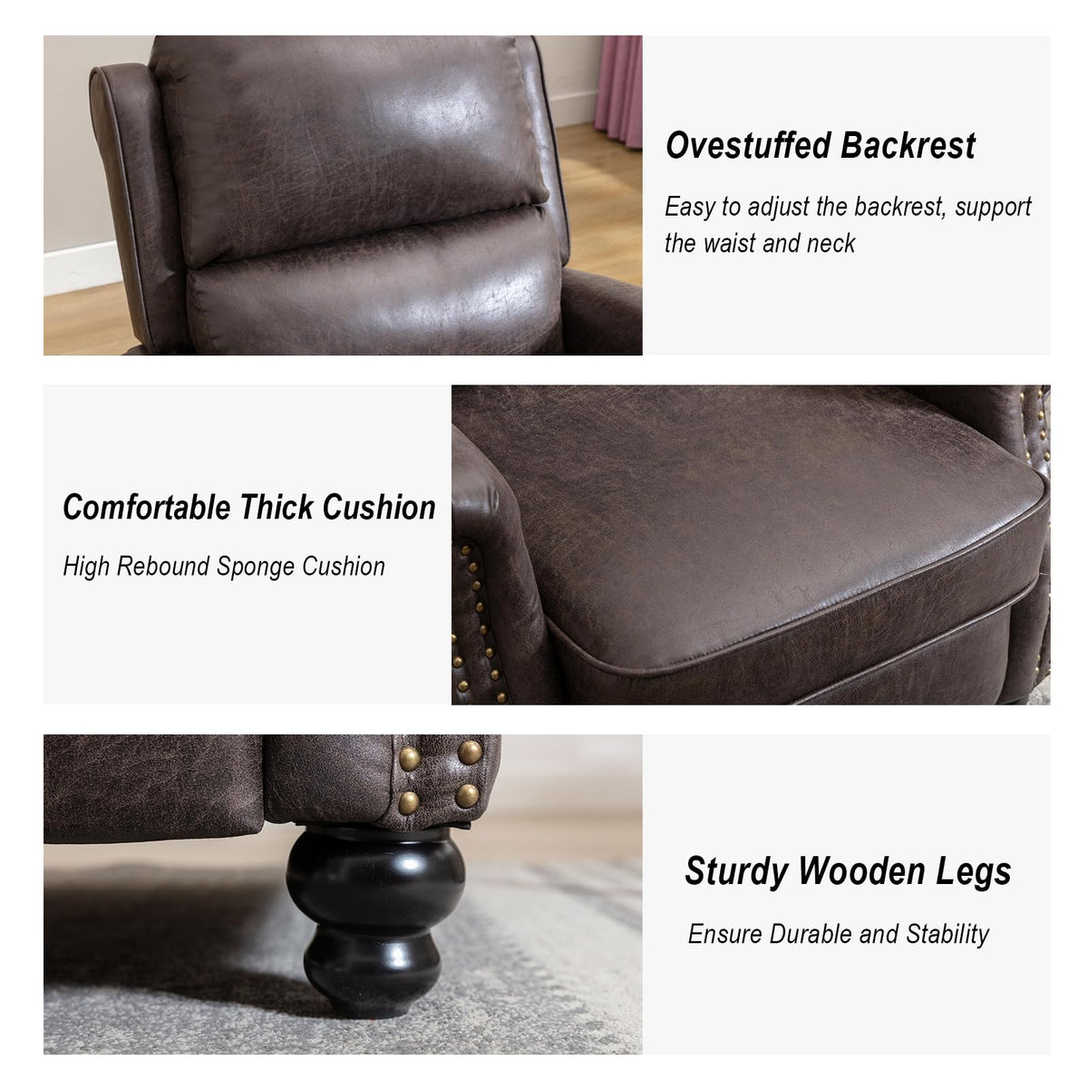 CANMOV Pushback Recliner Chair Faux Leather Armchair Push Back Recliner with Rivet Decoration Single Sofa Accent Chair for Living Room, Chocolate