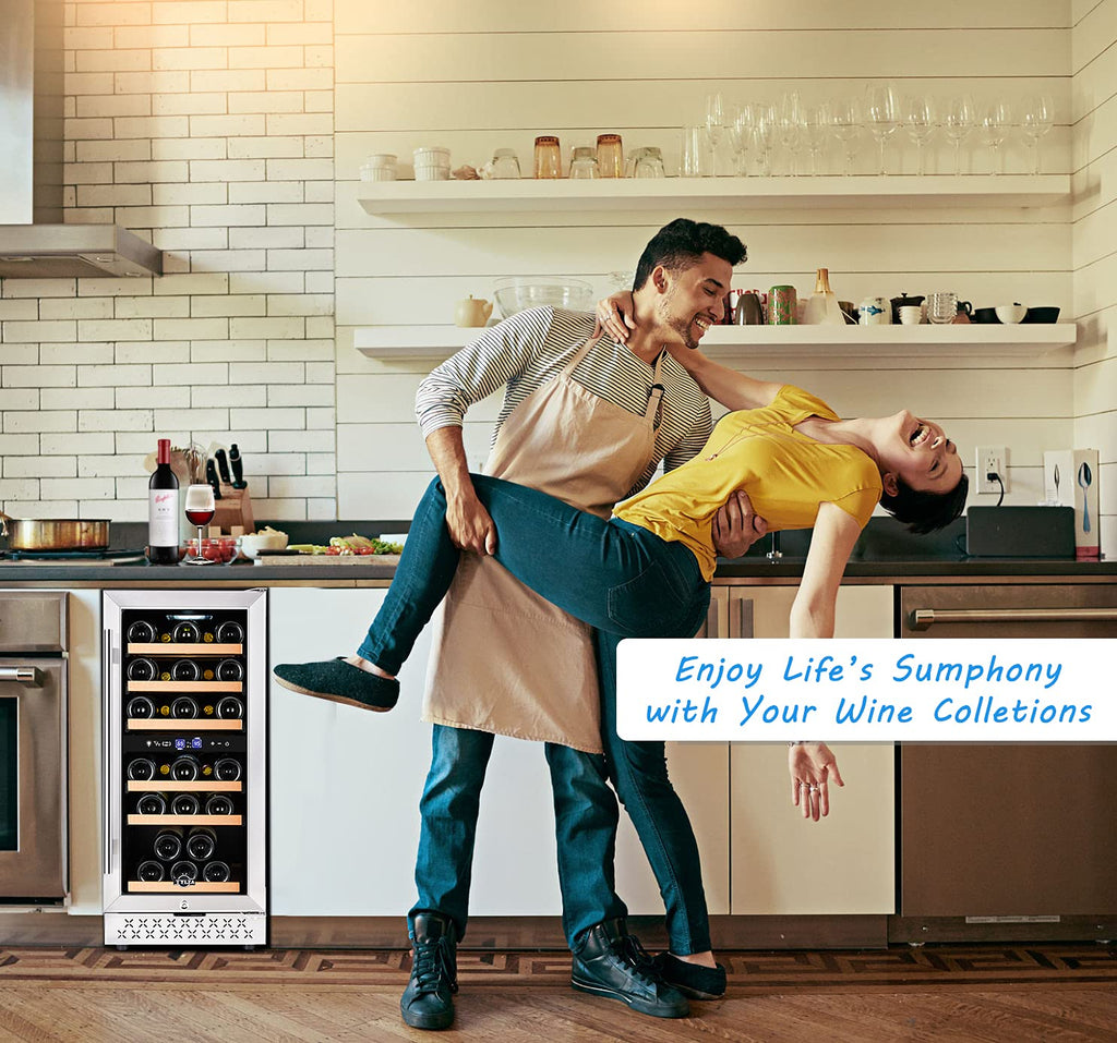 Tylza Wine Fridge 15'', 30 Bottles Wine Cooler Refrigerator, Undercounter or Freestanding, Removable Shelves, 40-65Â°F, Wine Cabinet with Double Glass Door, Wine Cooler for Home, Kitchen, Bar