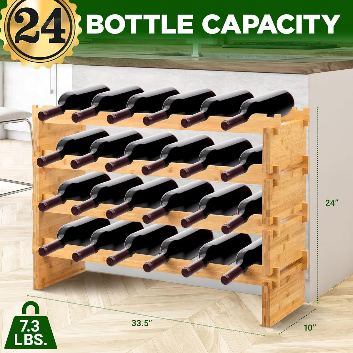 NutriChef 108 Bottle Stackable Modular Wine Rack, Upgraded 1â Thick Sideboard, .5â Rack Sticks, Sturdy Wobble Free Natural Bamboo Construction, Protective Moisture Resistant Finish, 33.5" x 10" x 63"