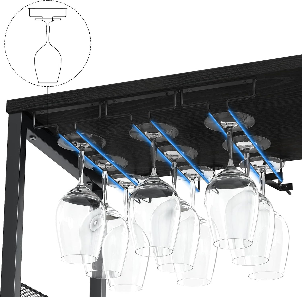 Wine Bar Cabinet, 3-Tier Detachable Wine Rack, Stemware Glass Holder, Mesh Door & Storage Shelves, Liquor Storage Buffet Sideboard for Kitchen, Dining Room, Living Room or Home Bar - Black