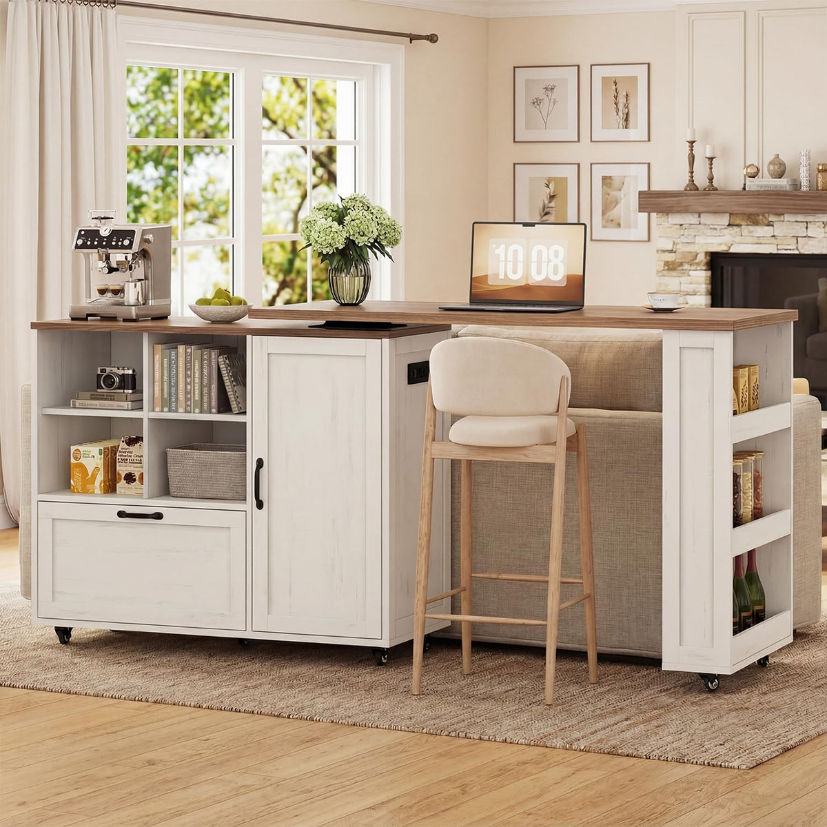 72" Rolling Kitchen Island with 360Â° Swivel Tabletop & Power Outlet,Mobile Kitchen Islands on Wheels with Storage,Farmhouse Wood Island Cart with Spice Rack,Rustic White