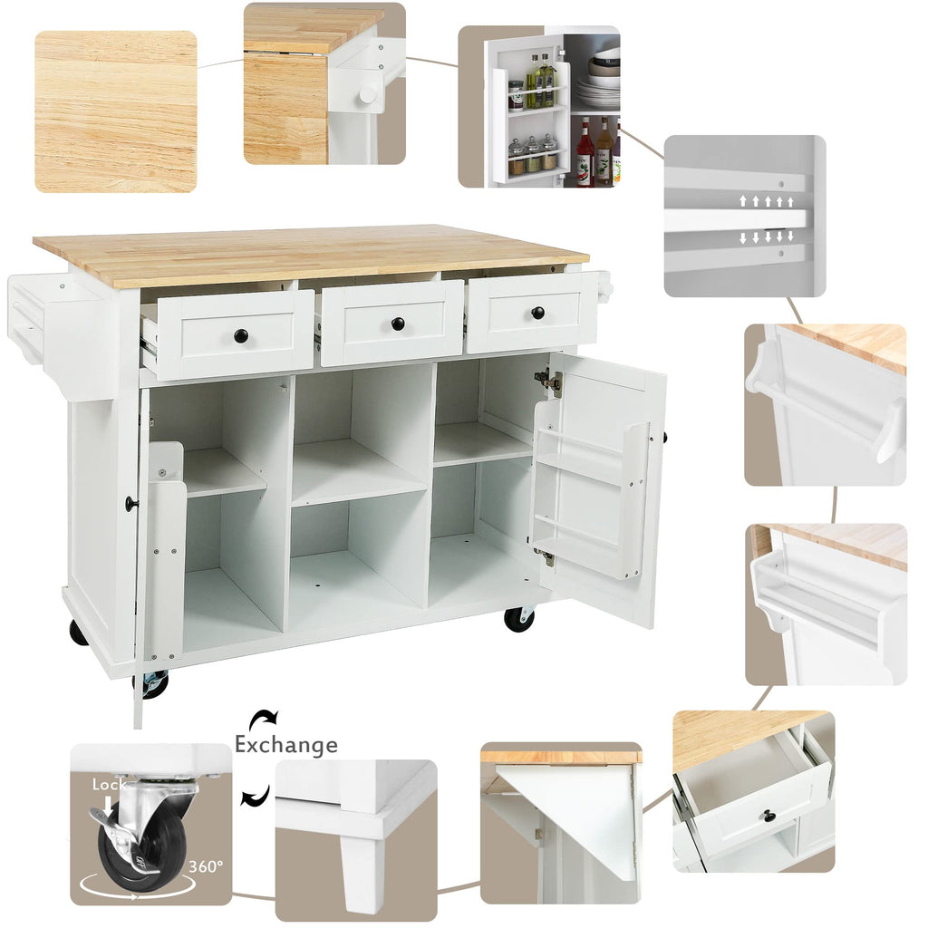 Ball & Cast Farmhouse Kitchen Island with Power Outlet,Dining Storage Island with Drop Leaf,Spice Rack and Drawer,Rolling Dining Cart on Wheels for Home,Kitchen,Dining Room,White,54"