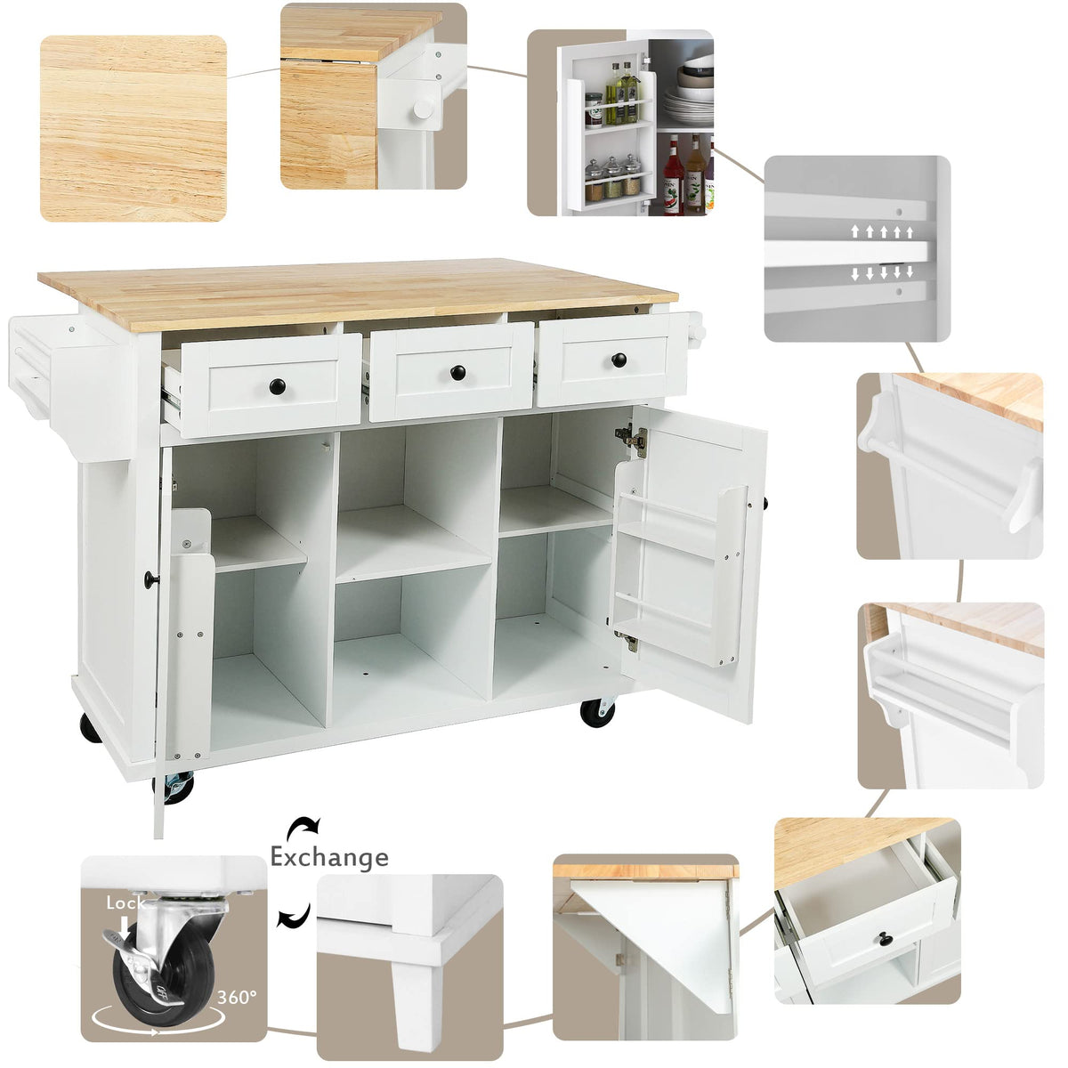 Ball & Cast Farmhouse Kitchen Island with Power Outlet,Dining Storage Island with Drop Leaf,Spice Rack and Drawer,Rolling Dining Cart on Wheels for Home,Kitchen,Dining Room,White,54"
