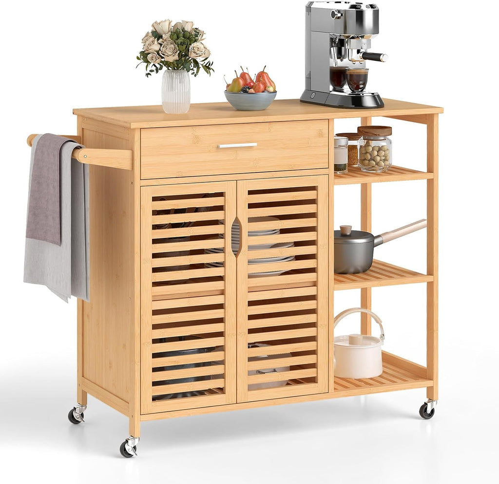 GIANTEX Bamboo Kitchen Island Cart, Mobile Serving Cart with Drawer, 2-Door Storage Cabinet, 3-Tier Shelves & Towel Rack, Rolling Utility Trolley for Dining Room (Natural)