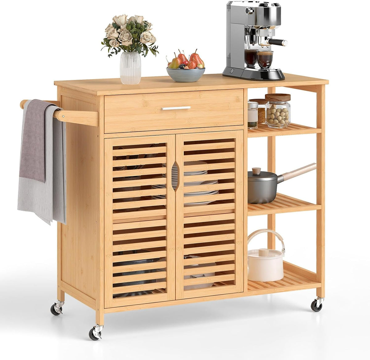 GIANTEX Bamboo Kitchen Island Cart, Mobile Serving Cart with Drawer, 2-Door Storage Cabinet, 3-Tier Shelves & Towel Rack, Rolling Utility Trolley for Dining Room (Natural)
