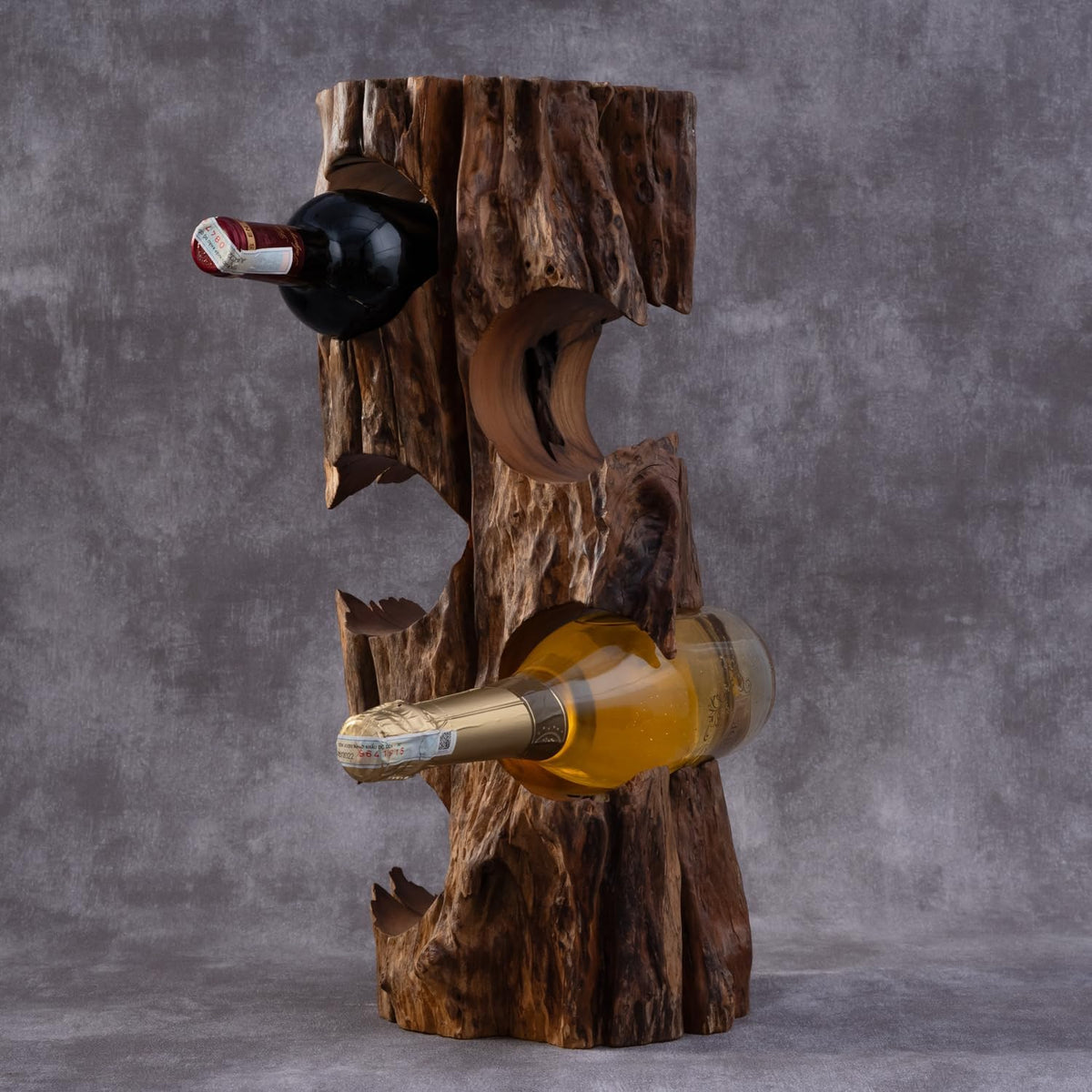 Solid Natural Vitex Pubescens Vahl Wood Wine Rack with Anti-Slip Pads â Rustic Single-Piece Freestanding Countertop Wine Holder â Securely Holds 5 Bottles Without Sliding â 20" x 9" x 7"