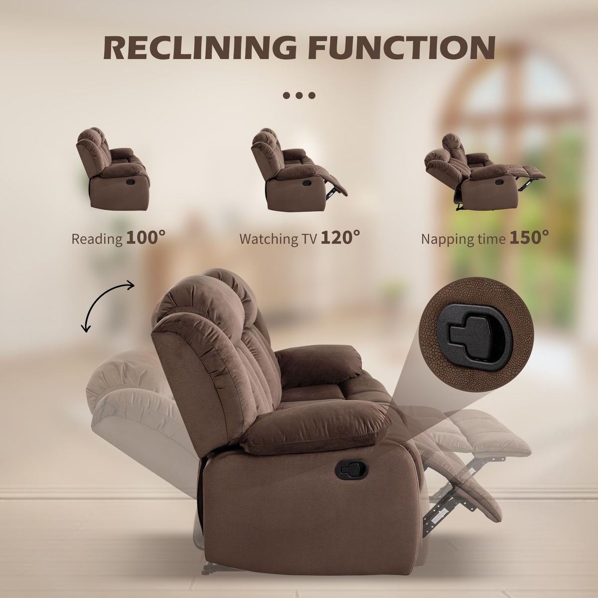 INZOY Manual Recliner Chair with Padded Armrest, Wall-Hugger Single Sofa Recliners with Overstuffed Back, Classical Fabric Reclining Chairs for Living Room Theater Seating, Brown