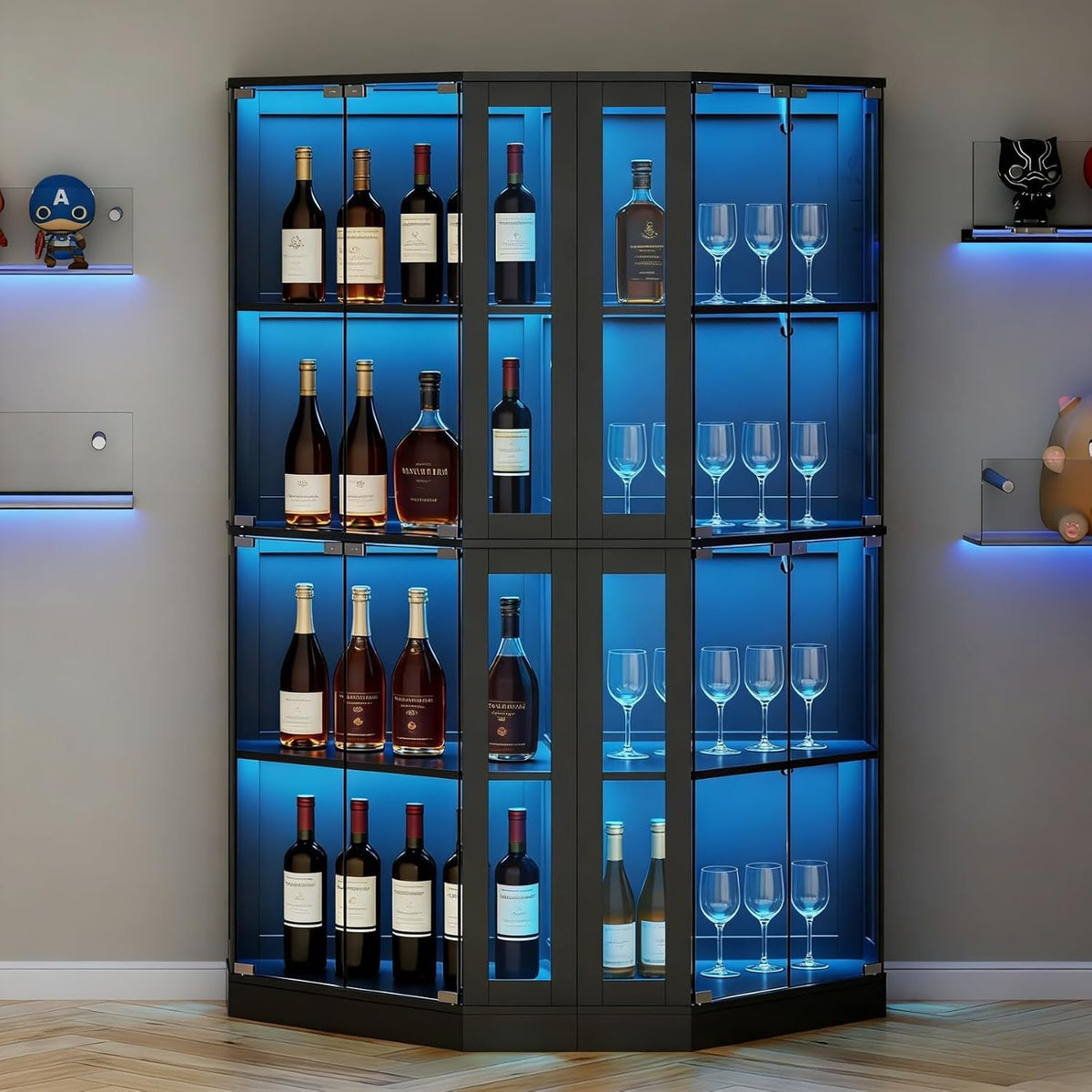 Gyfimoie Corner Wine Bar Cabinet with LED Lights,65" Tall Modern Liquor Cabinet with Tempered Glass Door,4-Tier Home Bar Liquor Storage Cabinet for Home Living Dining Room, Kitchen