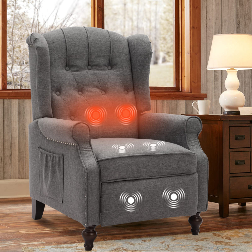 IPKIG Wingback Pushback Recliner Chair - Mid Century Recliner Armchair with Massage and Heat, Rivet Decoration, Button-Tufted Back, Solid Wood Legs for Living Room, Bedroom, Office(Beige)