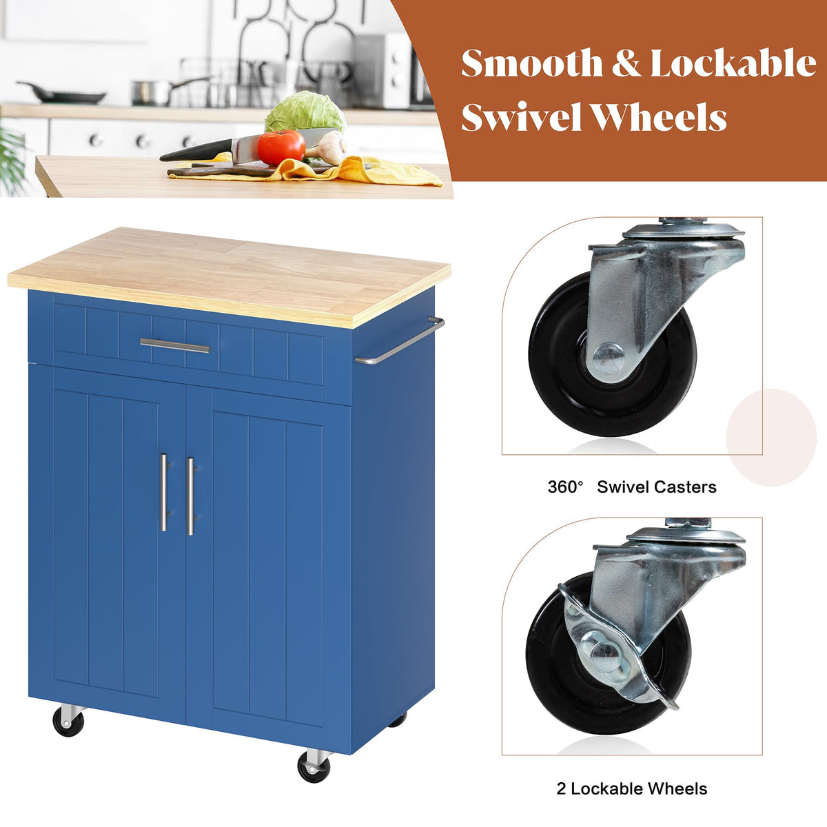JY QAQA 26" Rolling Kitchen Island Cart on Wheels, Mobile Storage Cabinet with Adjustable Inner Shelves, Kitchen Prep Cart with Towel Rack & Lockable Casters for Small Apartment Kitchen, White