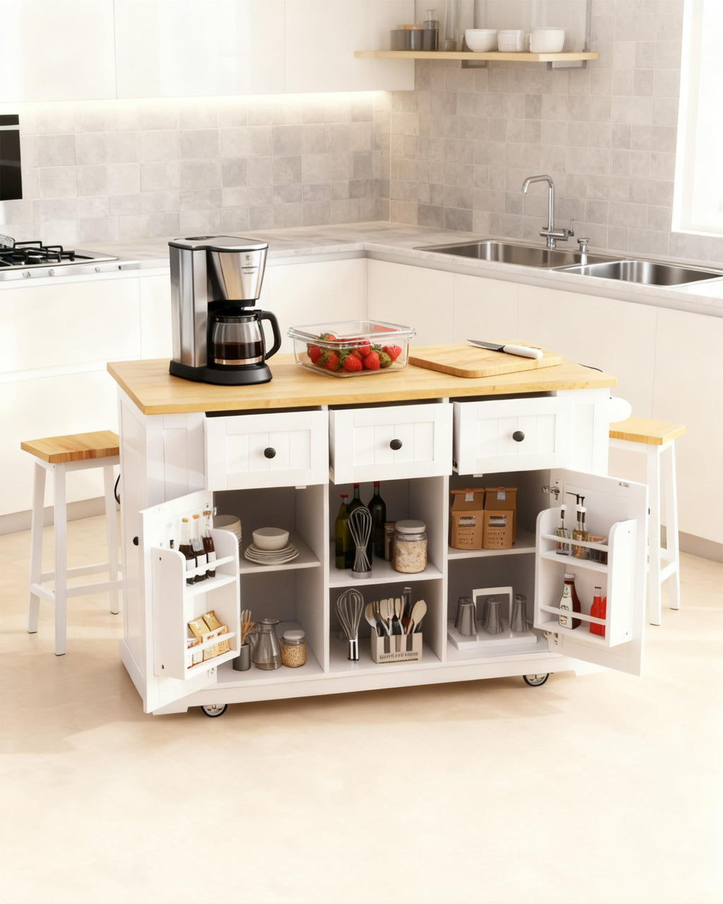 53-Inch Rolling Kitchen Island with Storage