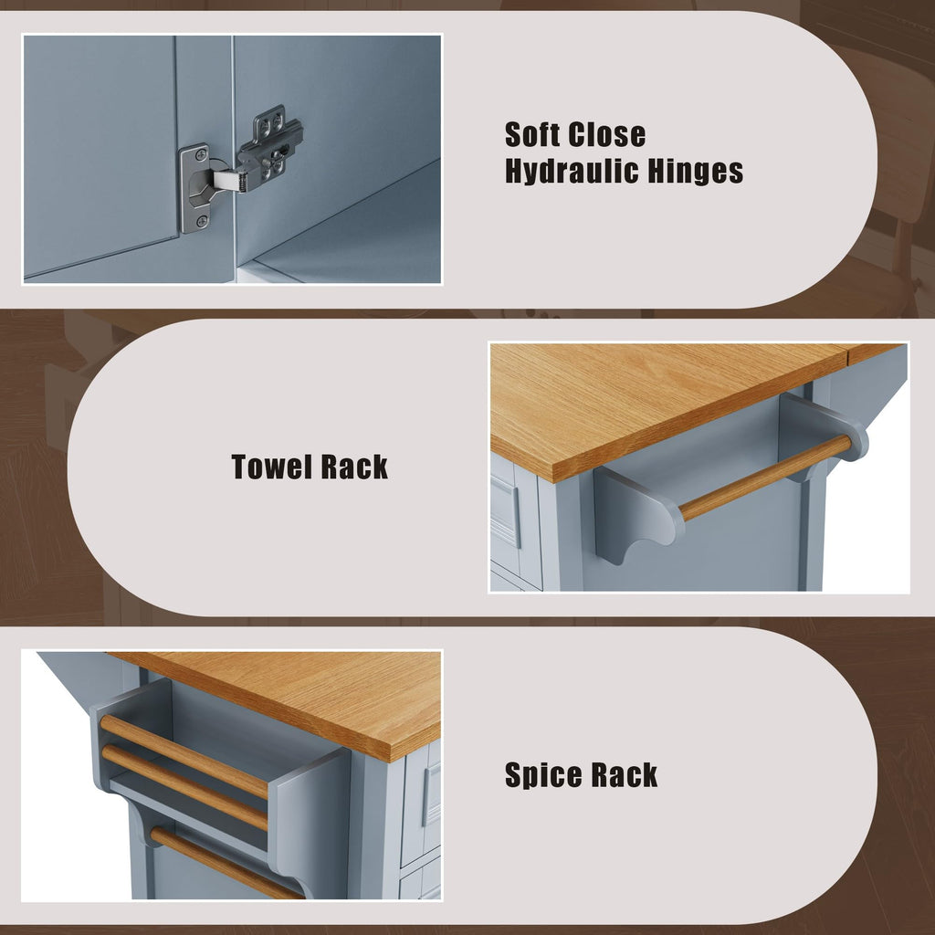 Large Kitchen Island with Rubber Wood Drop Leaf and Silver Handle