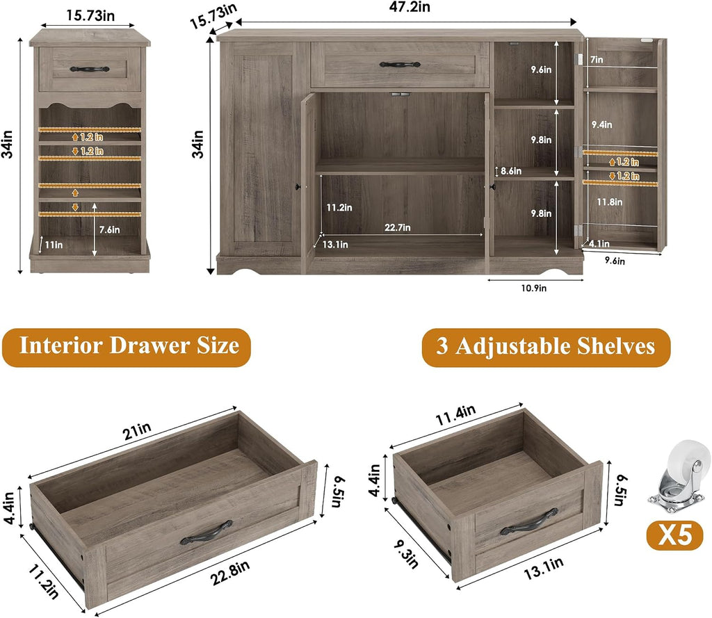 HOSTACK Kitchen Island Cart with Storage, Rolling Island Table, Ash Gray