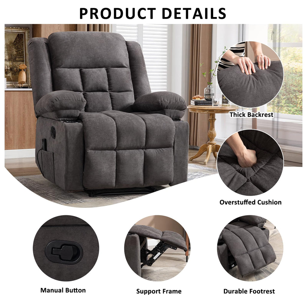 EBELLO Manual Recliner Chair for Adults with Vibration Massage and Lumbar Heating, Soft Fabric Recliner Single Sofa with Side Pocket and Two Cup Holders for Living Room, Grey