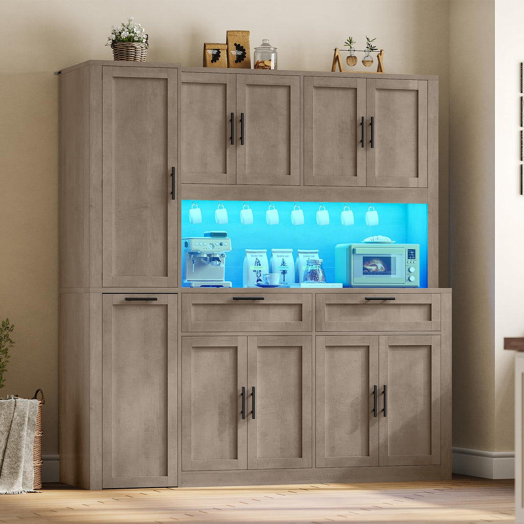 Itaar 71" Kitchen Pantry Cabinet with Charging Station and Led Light, Kitchen Storage Cabinets with Microwave Stand, 59" Wide Pantry Storage Cabinet with Storage Cart 3 Tier for Dining Room, White